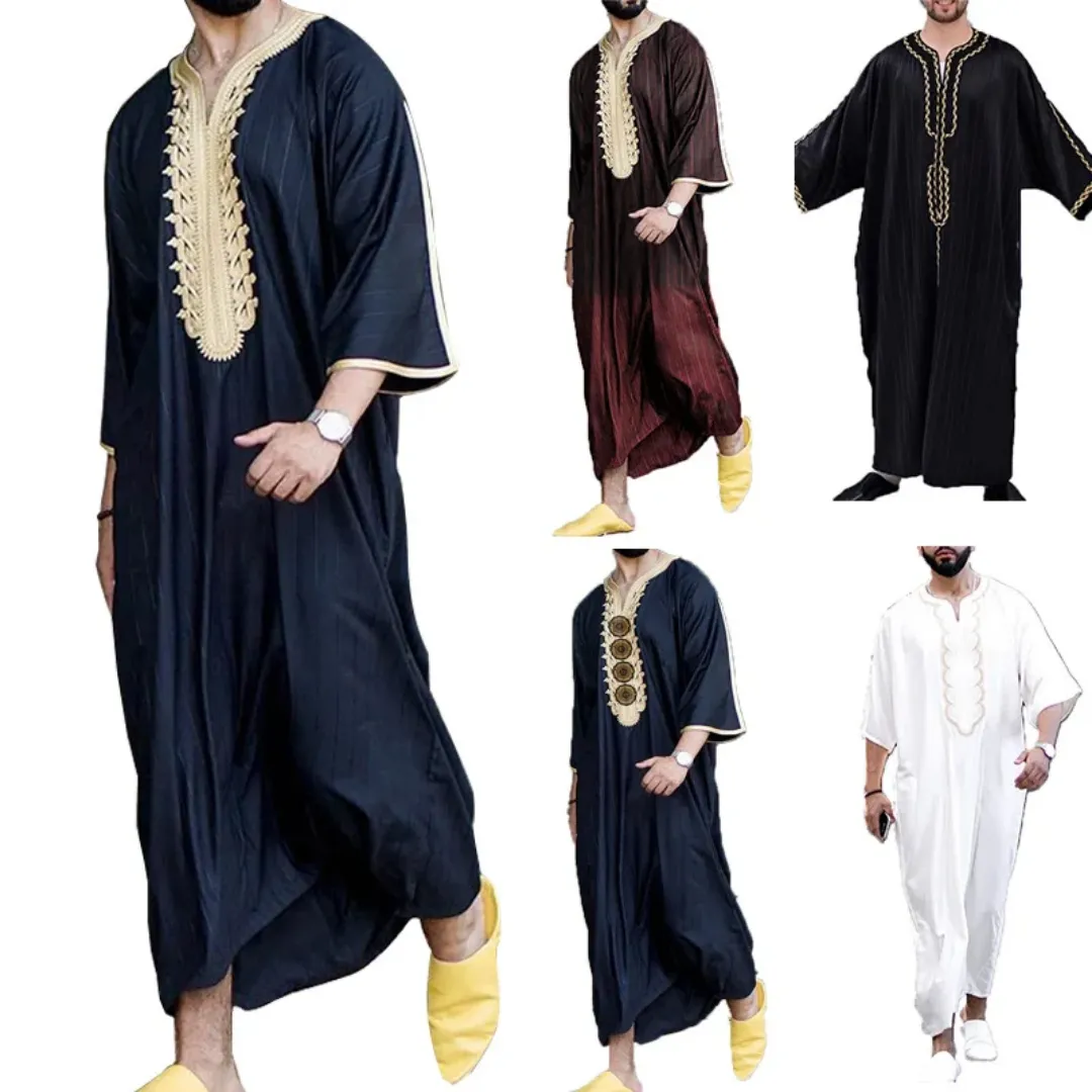 Gandoura Homme Orientale – Tunique Large Brodée à Manches Courtes, Style Dubaï Chic