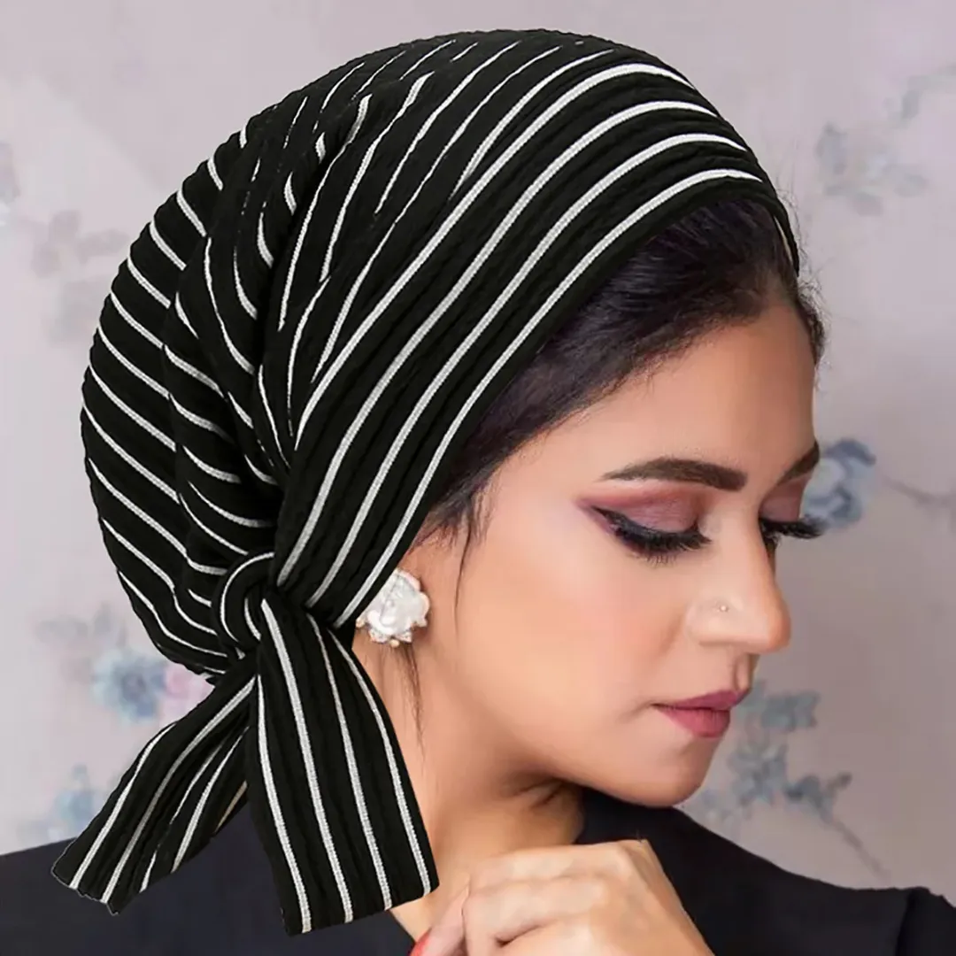 Foulard Turban Plissé Style Rayé – Prêt à Nouer