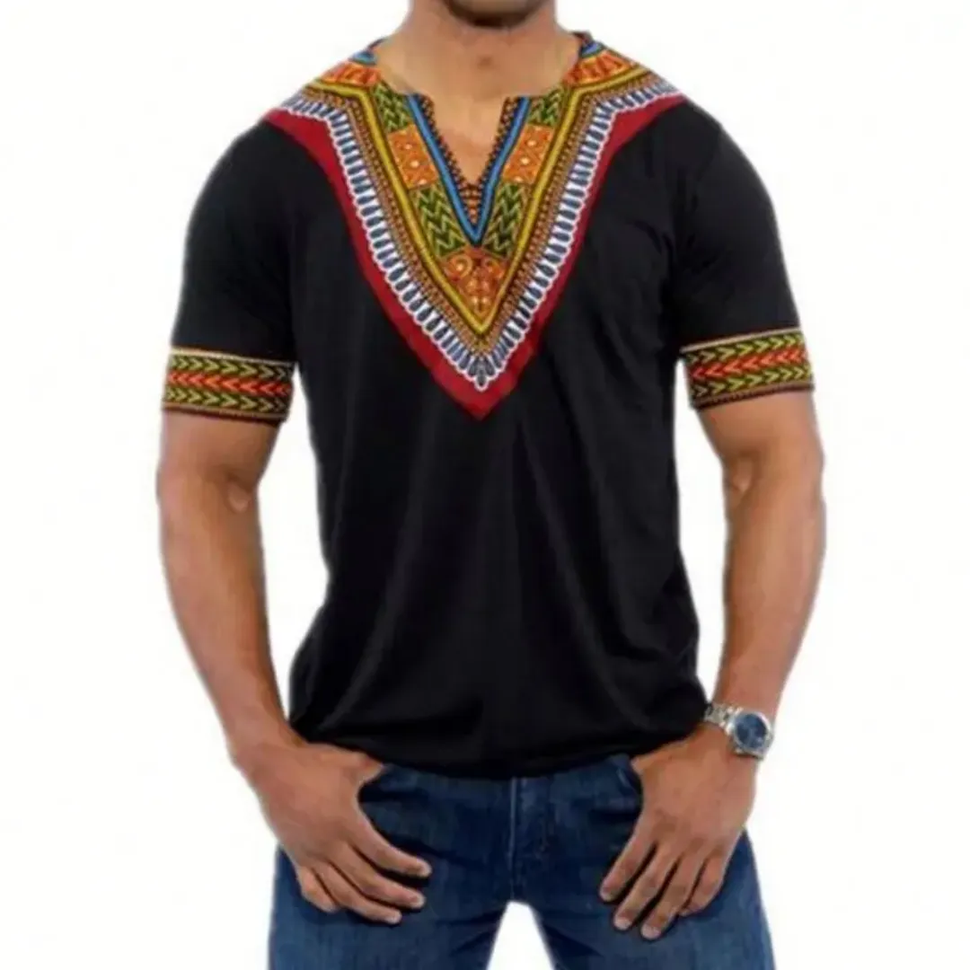 T-shirt Dashiki Africain pour Homme – Col V Traditionnel
