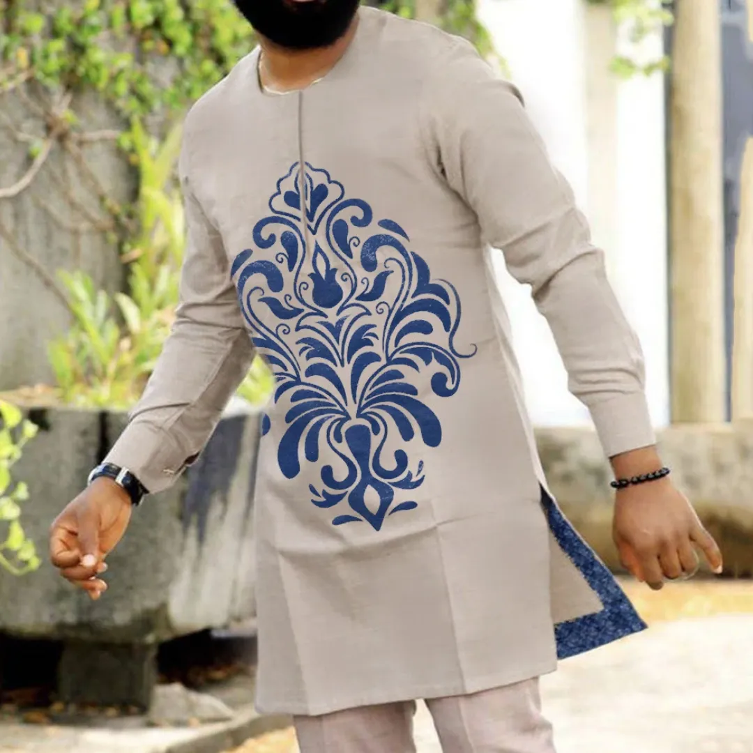 Tunique Africaine Homme – Beige avec Motif Royal Bleu