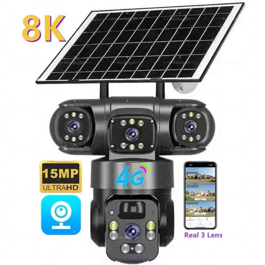 Caméra de Surveillance Solaire 4G PTZ 15MP – Vision Nocturne 8K, Détection de Mouvement, Audio Bidirectionnel, IP66 Étanche, 3 Objectifs Réels