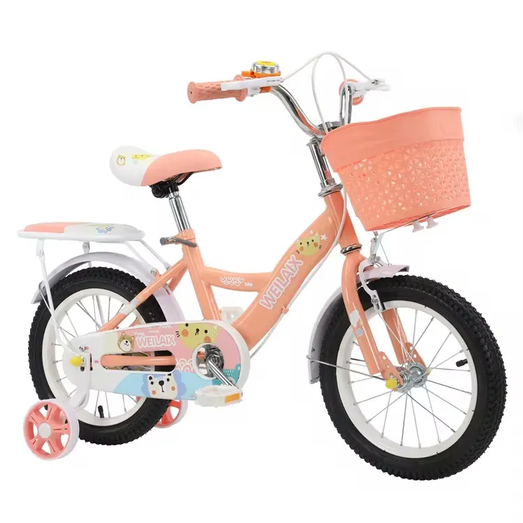 Vélo Fille 12-16 Pouces – Modèle WEILAX avec Panier Avant, Roulettes, Frein à Pied – Rose Pêche