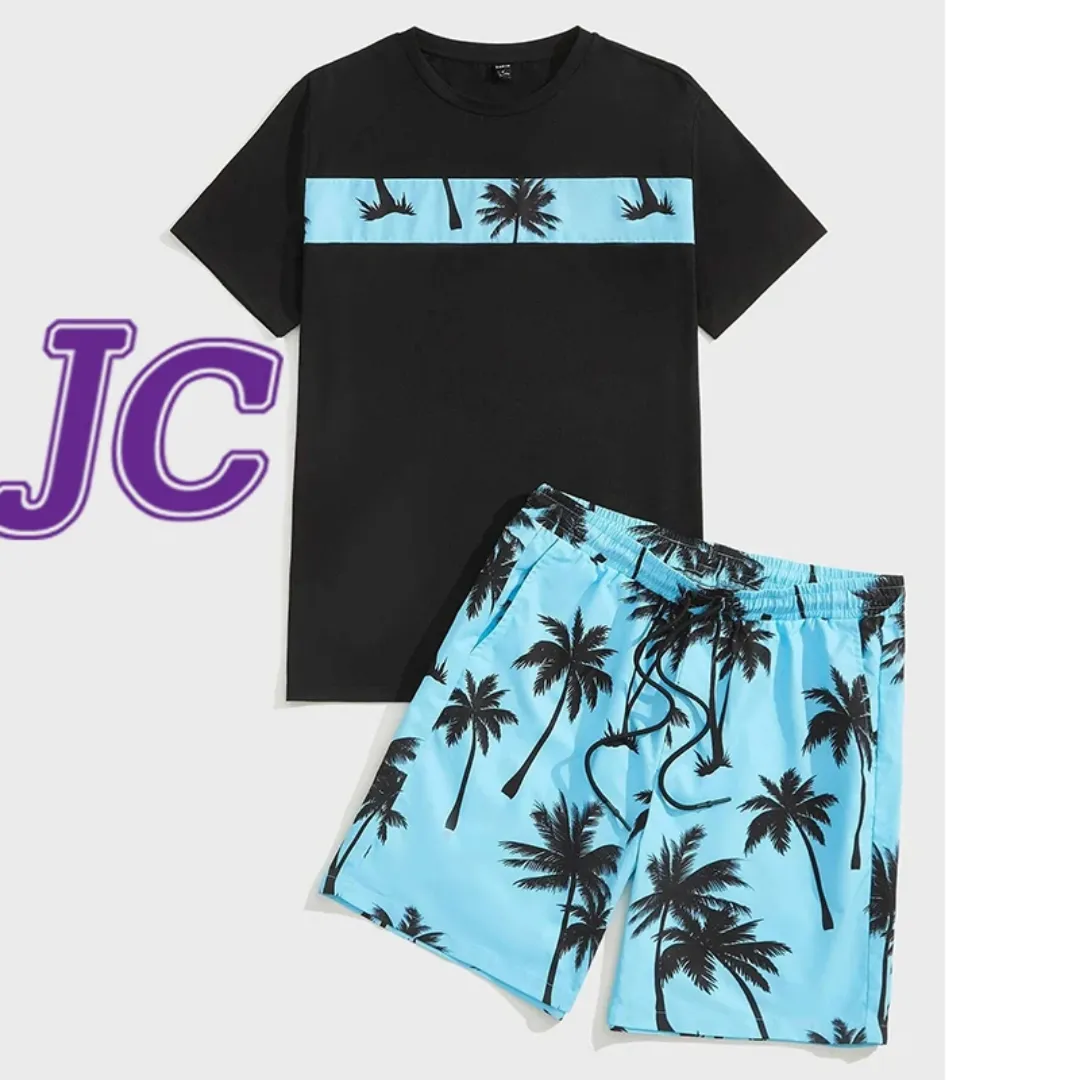 Ensemble T-shirt et Short Homme – Palmiers Tropicaux Bleu et Noir