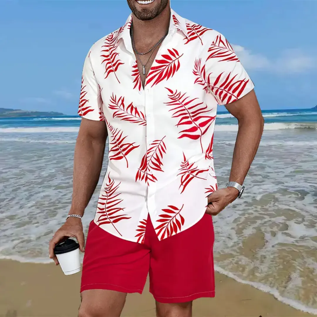 Ensemble de Plage Homme – Chemise à Imprimé Feuilles Rouges & Short Rouge