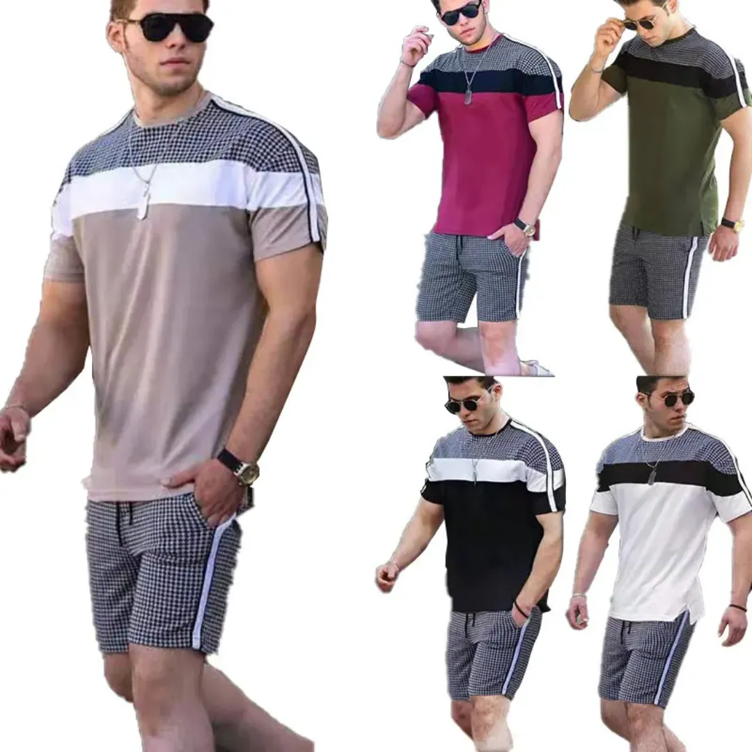 Ensemble Décontracté Homme – T-shirt à Bandes et Short à Carreaux