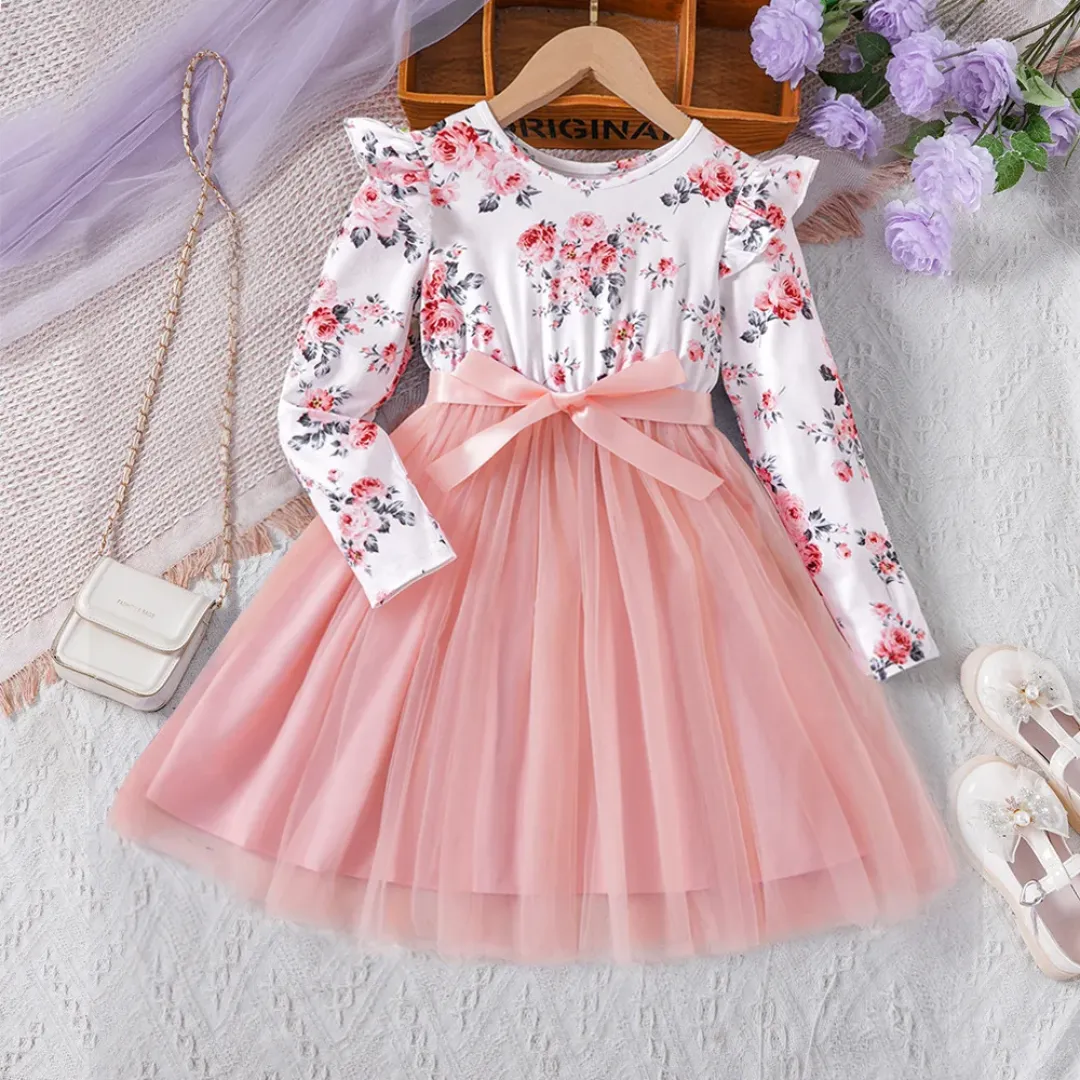 Robe Fille Élégante à Manches Longues – Haut Floral & Jupe en Tulle avec Nœud