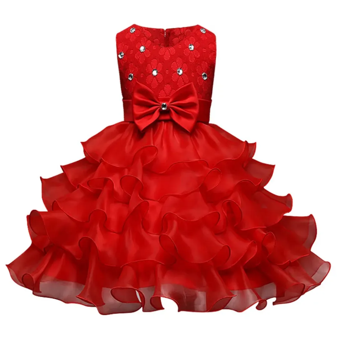 Robe de cérémonie fille – Tulle rouge à volants et nœud chic
