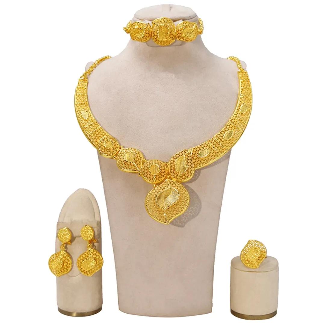 Ensemble de Bijoux de Mariée en Or avec Bracelet, Collier, Boucles d'Oreilles et Anneaux
