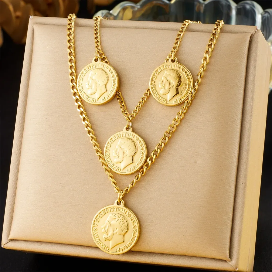 Collier à pendentifs double couche en acier inoxydable non terni 18k PVD plaqué or pour femmes