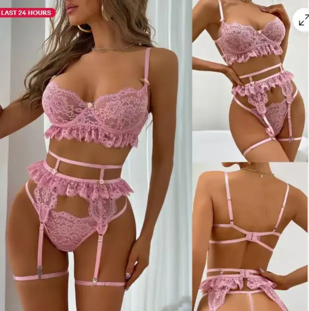 Ensemble de Lingerie Érotique Rose en Dentelle