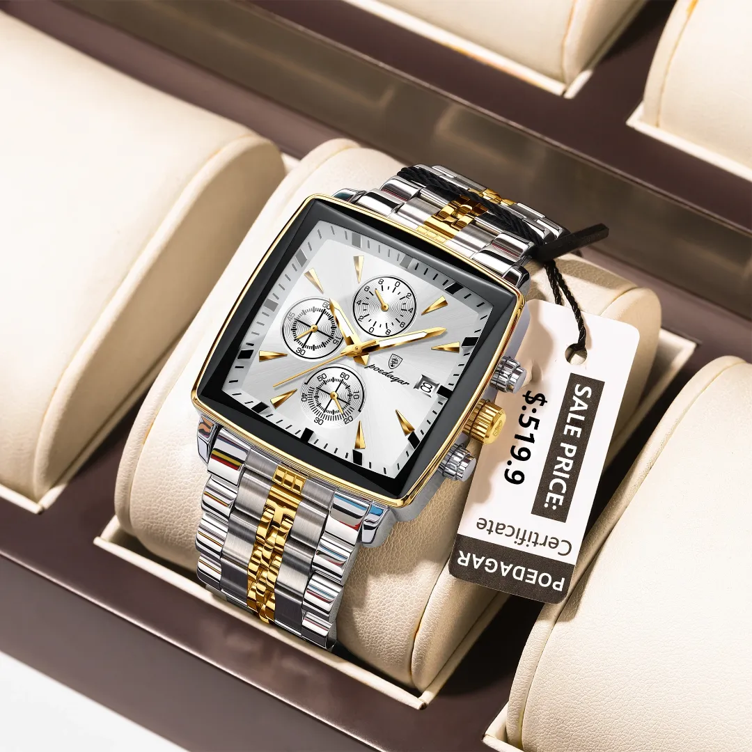 Poedagar Nouvelle Mode Carré En Acier Inoxydable Montres Pour Hommes Étanche Lumineux Chronographe Montre À Quartz