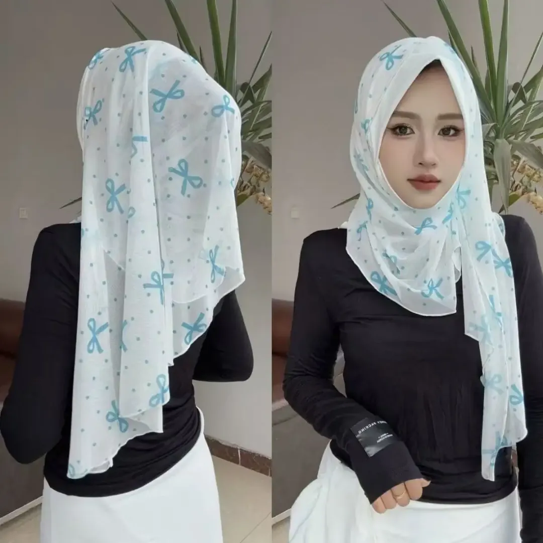 Foulard Hijab en Mousseline de Soie, Couvre-chef Musulman Respirant Imprimé en Grille Pour Femmes