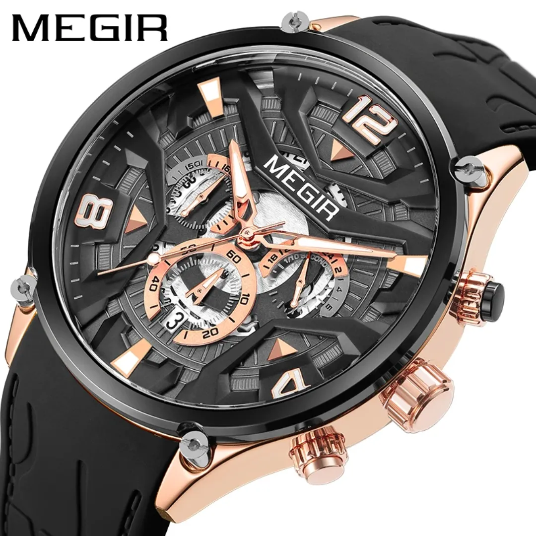 MEGIR 2222 Design créatif mode sport montre pour hommes bracelet en Silicone chronographe calendrier lumineux étanche montres à Quartz