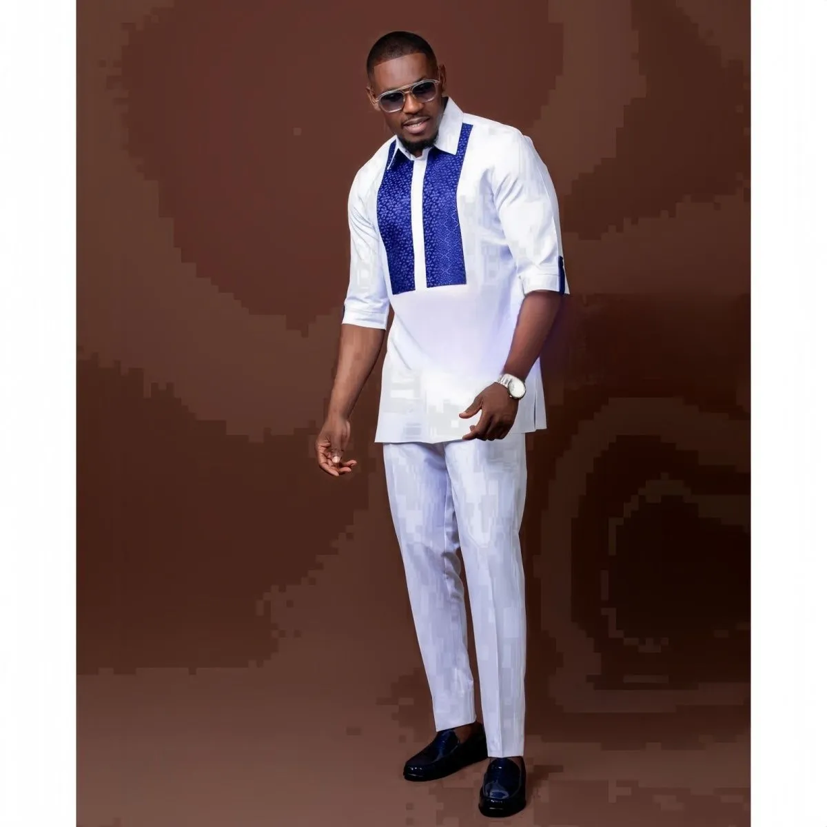 Ensemble africain homme 2 pièces en coton premium – Tenue traditionnelle moderne élégante (haut + pantalon)