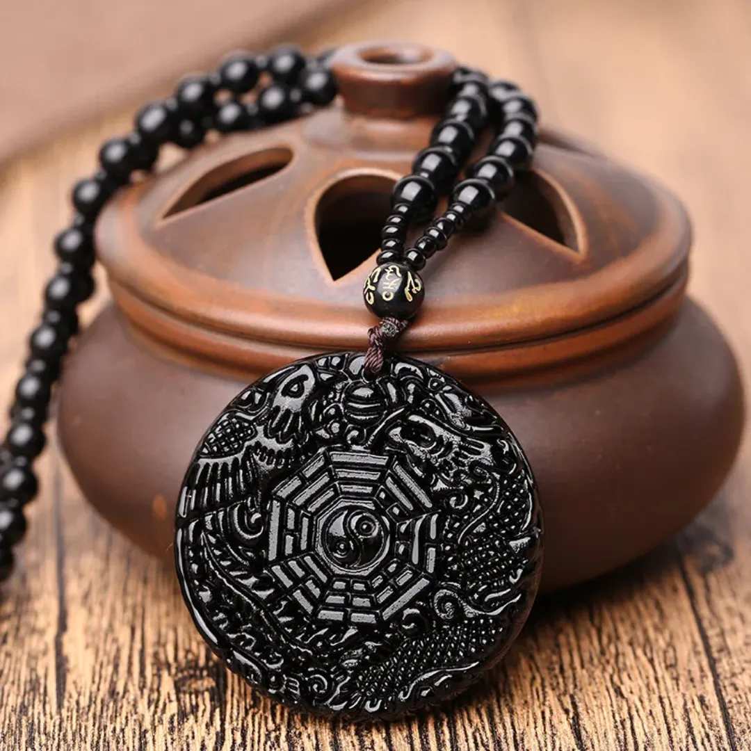 Collier pendentif Yin Yang & Bagua – Dragon & Phénix – Noir – Style unisexe