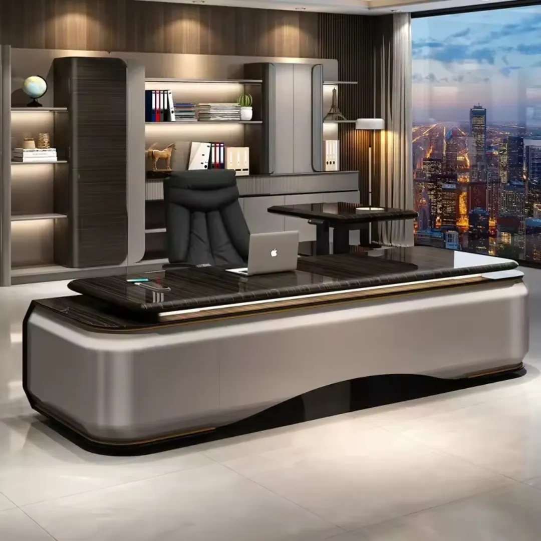 Bureau de direction de luxe noir – Ensemble exécutif haut de gamme avec bibliothèque intégrée