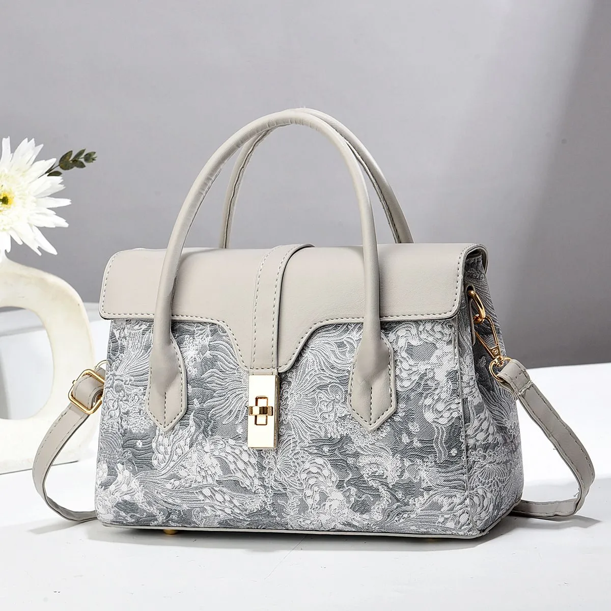 Sac à main femme élégant motif floral – Bandoulière et poignée rigide