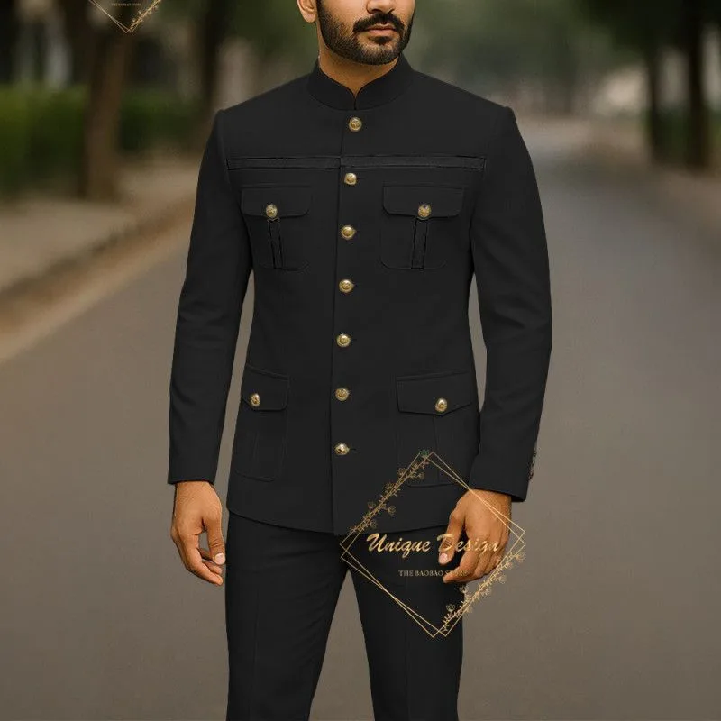 Costume deux pièces homme style safari militaire - Veste col Mao et pantalon