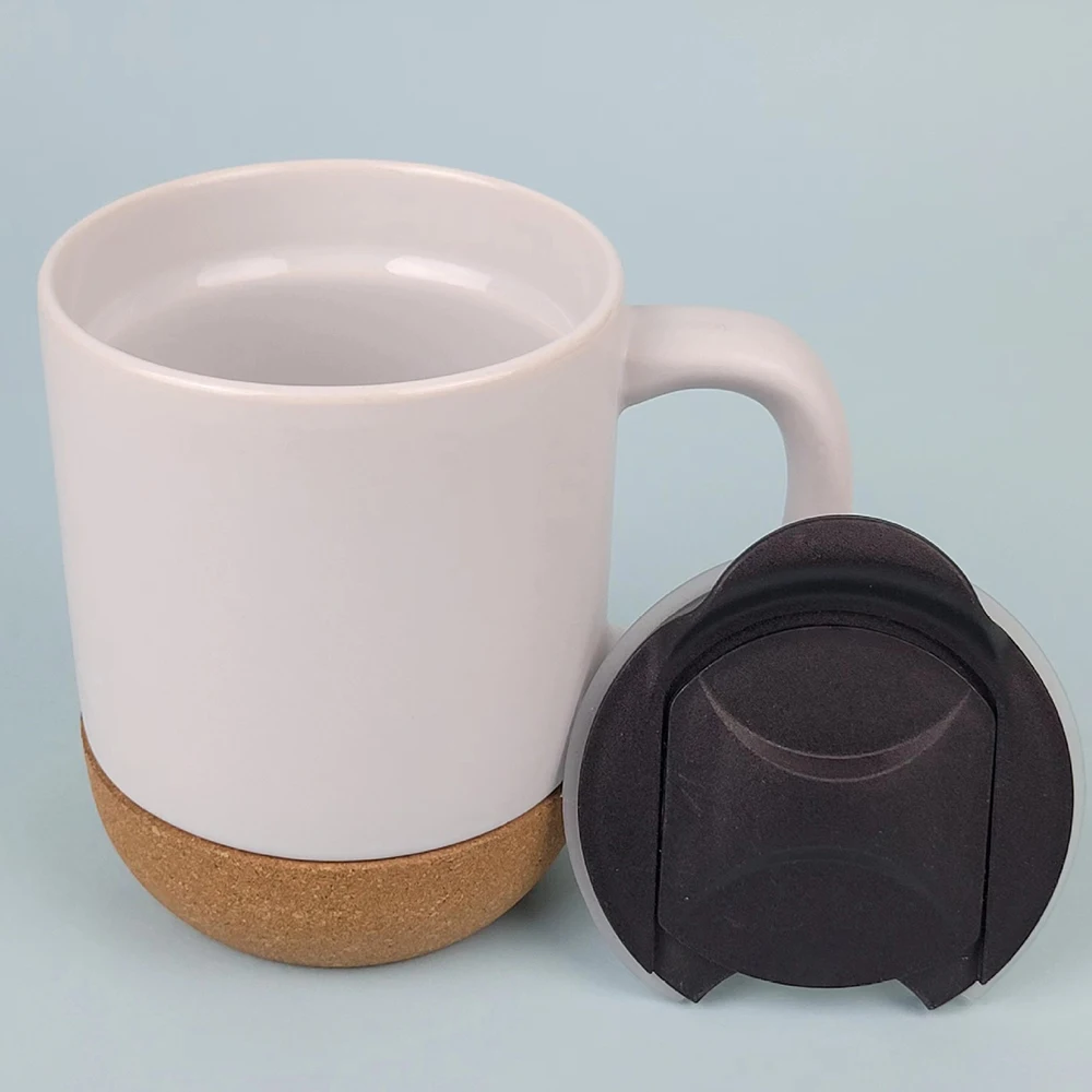 Mug café céramique personnalisé 12oz | Fond liège isolant | Couvercle anti-éclaboussures | Sublimation