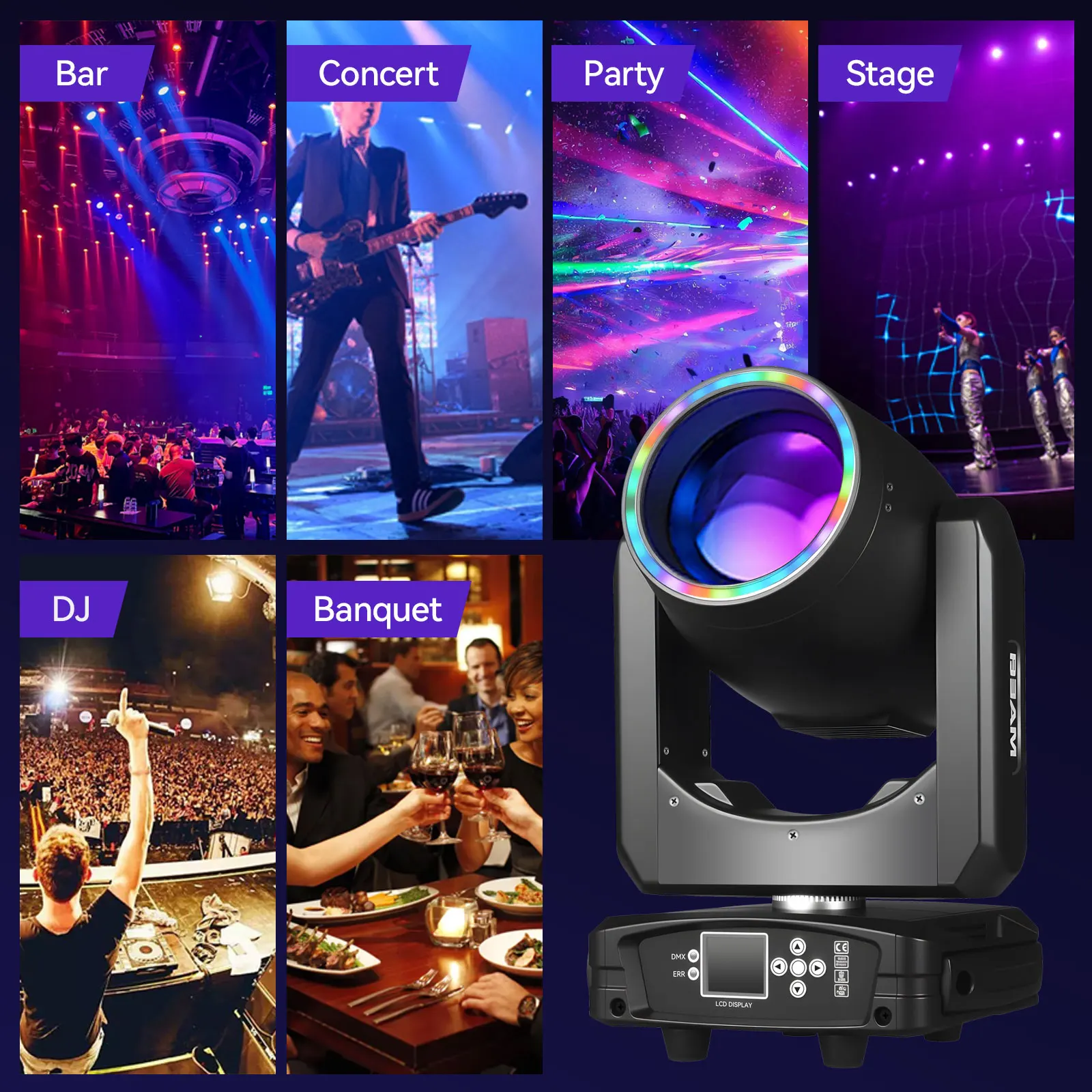 Projecteur Scène Tête Mobile 300W DJ – 48 Prismes, 15 Gobos & Couleurs, DMX512, LED RGBW