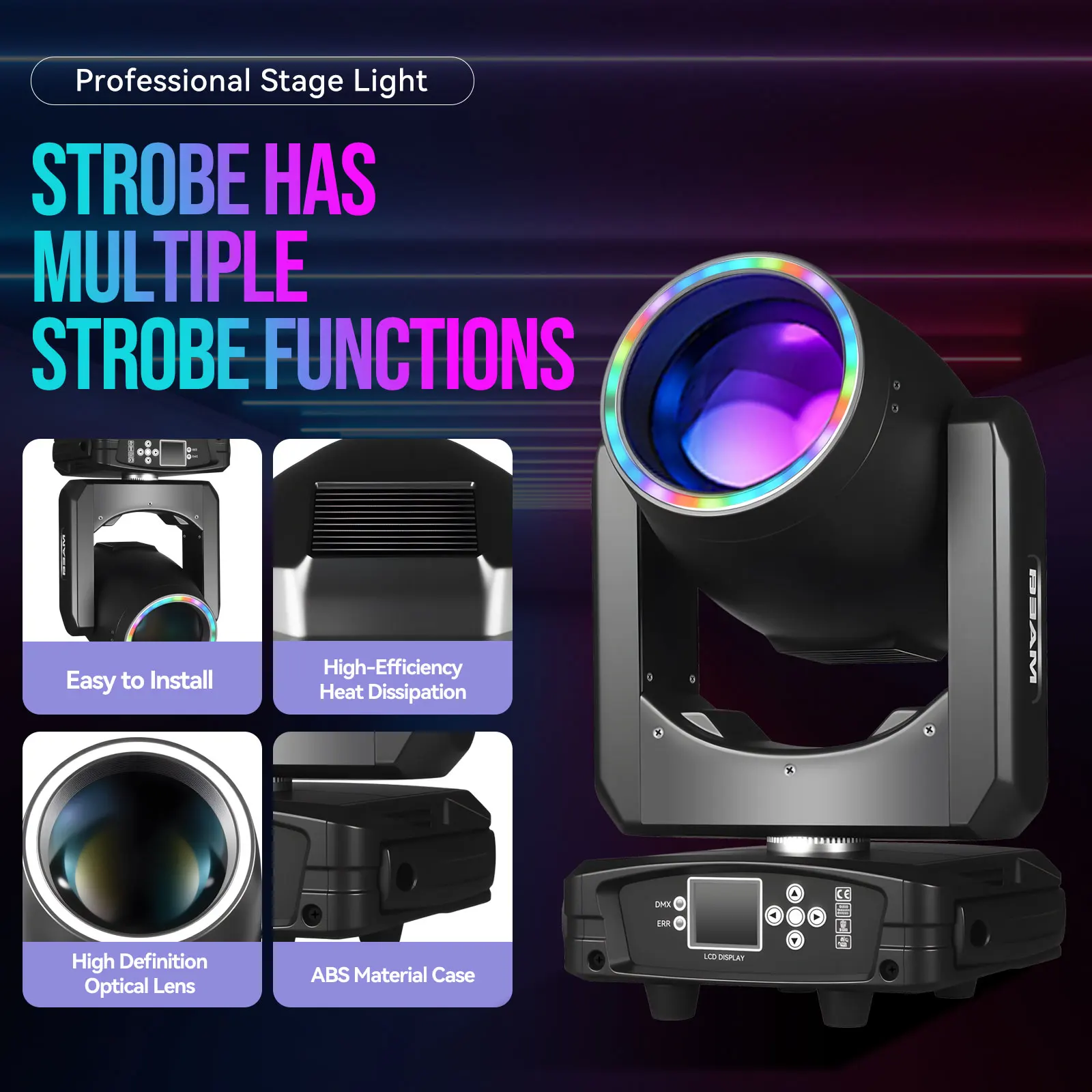 Projecteur Tête Mobile MINGJIE 300W – 48 Prismes, 15 Gobos, DMX512, RGBW | Pro DJ Mariage Soirée