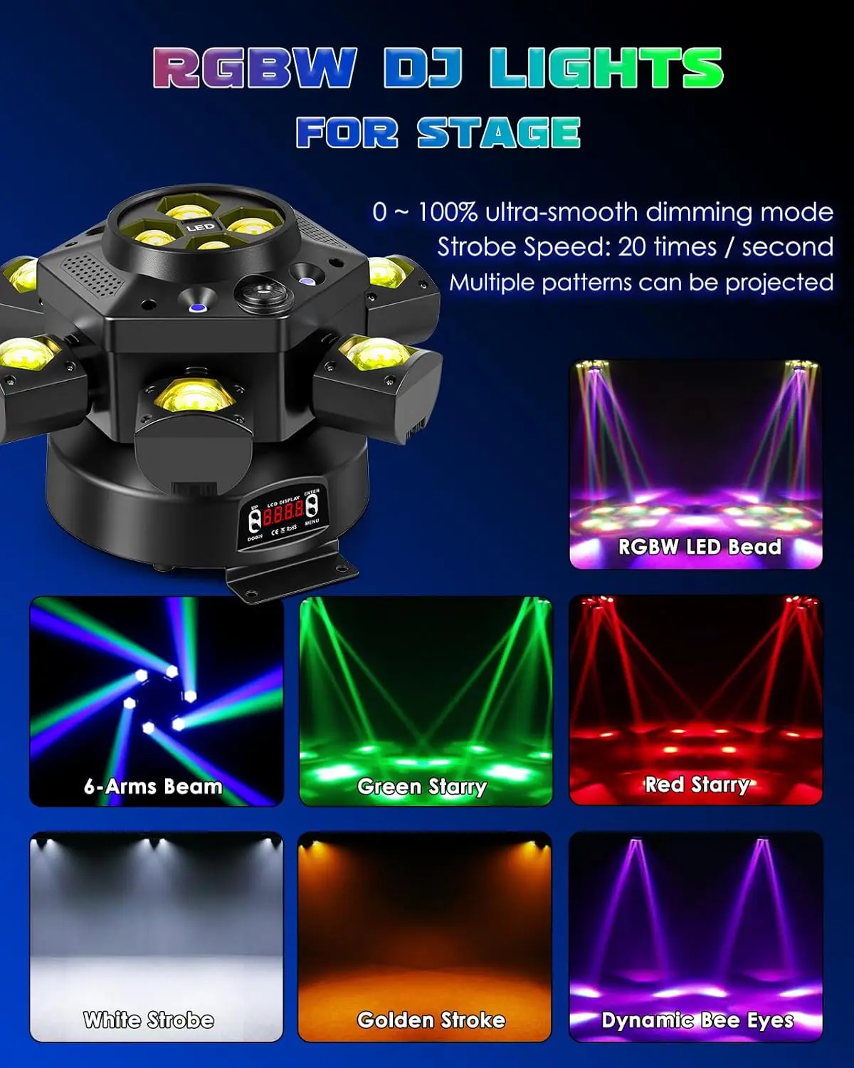 Projecteur DJ Tête Mobile 150W RGBW Laser 6 Bras Effet Abeille DMX512 Scène