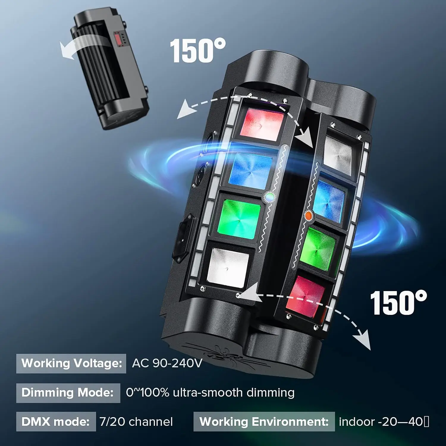 Mini Lyre Araignée LED 8x3W RGBW Tête Mobile DMX-512 | Stroboscope Scène DJ KTV