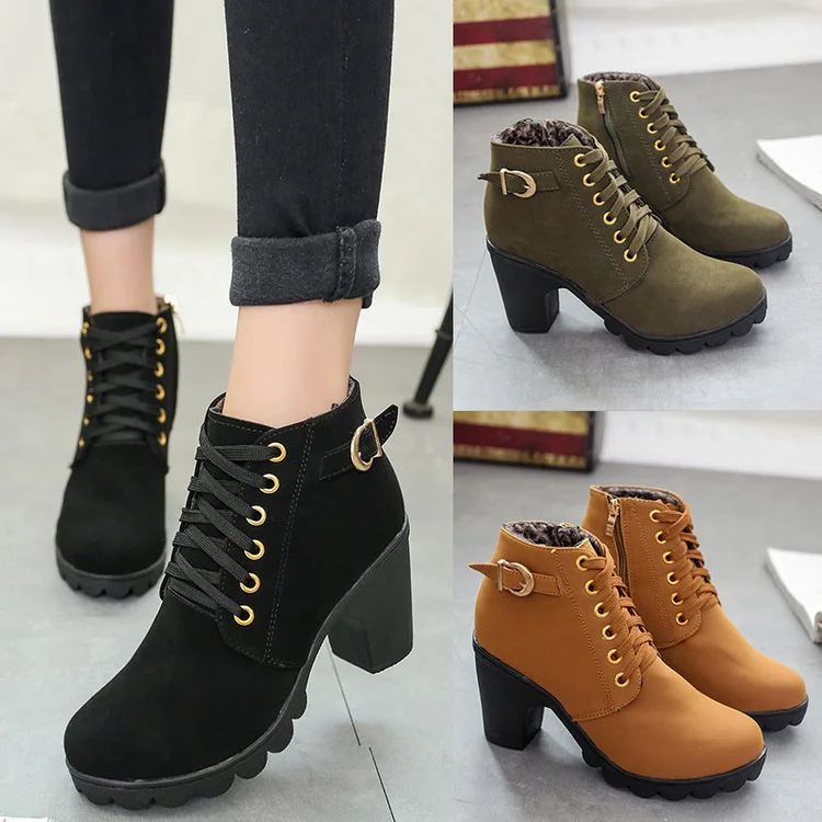 Bottines à talon épais pour femme – Style européen chic, fermeture zippée, couleur nude