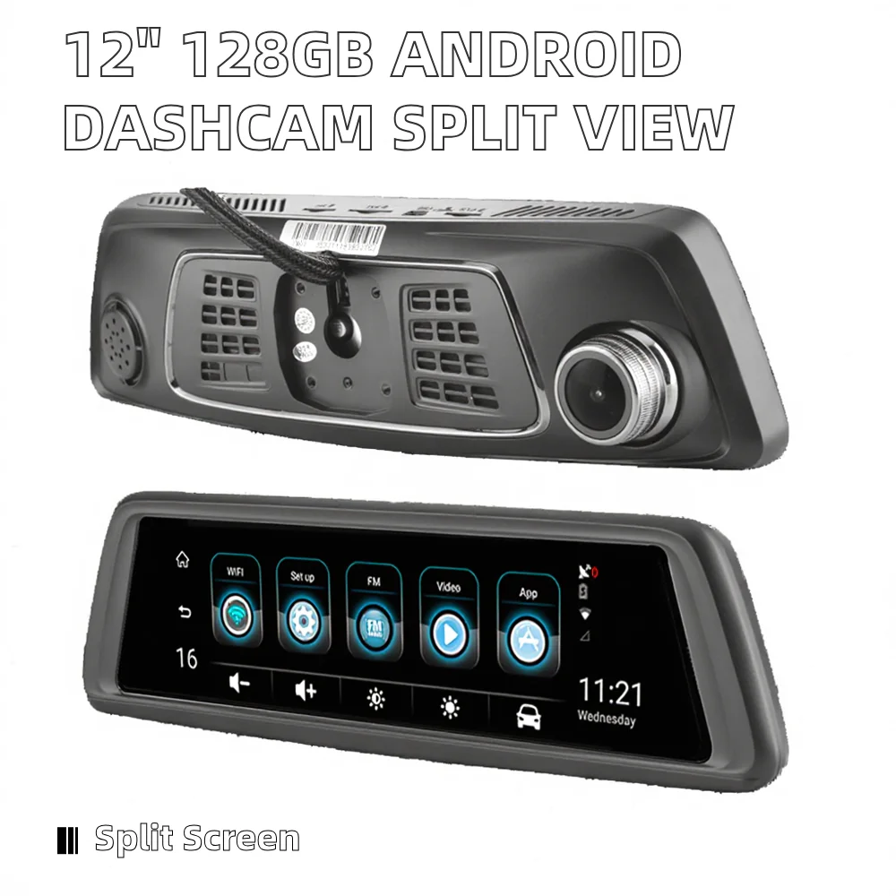 Caméra DVR Android 12" 128Go – Écran Partagé, Vision Nocturne, Double Enregistrement
