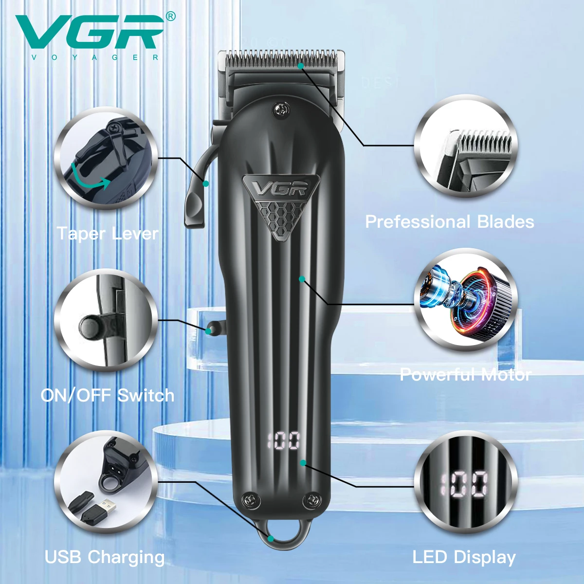 Tondeuse à cheveux professionnelle sans fil VGR V-282 – Autonomie 200 min, lame inox