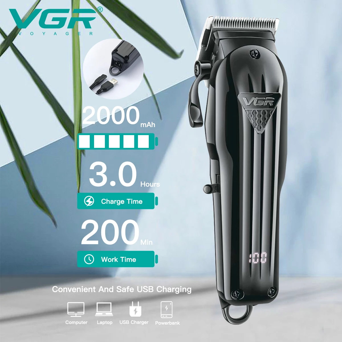 Tondeuse à cheveux professionnelle sans fil VGR V-282 – Autonomie 200 min, lame inox