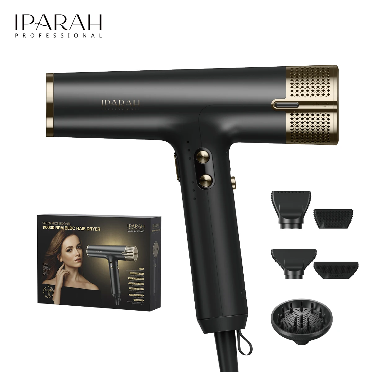 Sèche-cheveux Professionnel Ionique IPARAH P-390 | Moteur BLDC 110 000 tr/min | 1700W