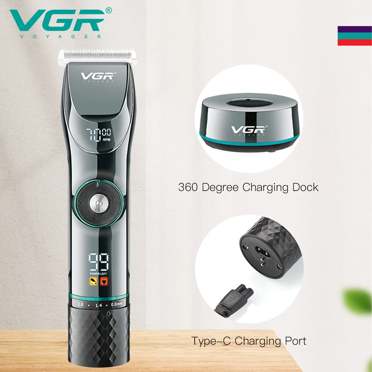 Tondeuse Professionnelle Rechargeable VGR V-256 – Lame Inox, 400min d'Autonomie, Charge USB