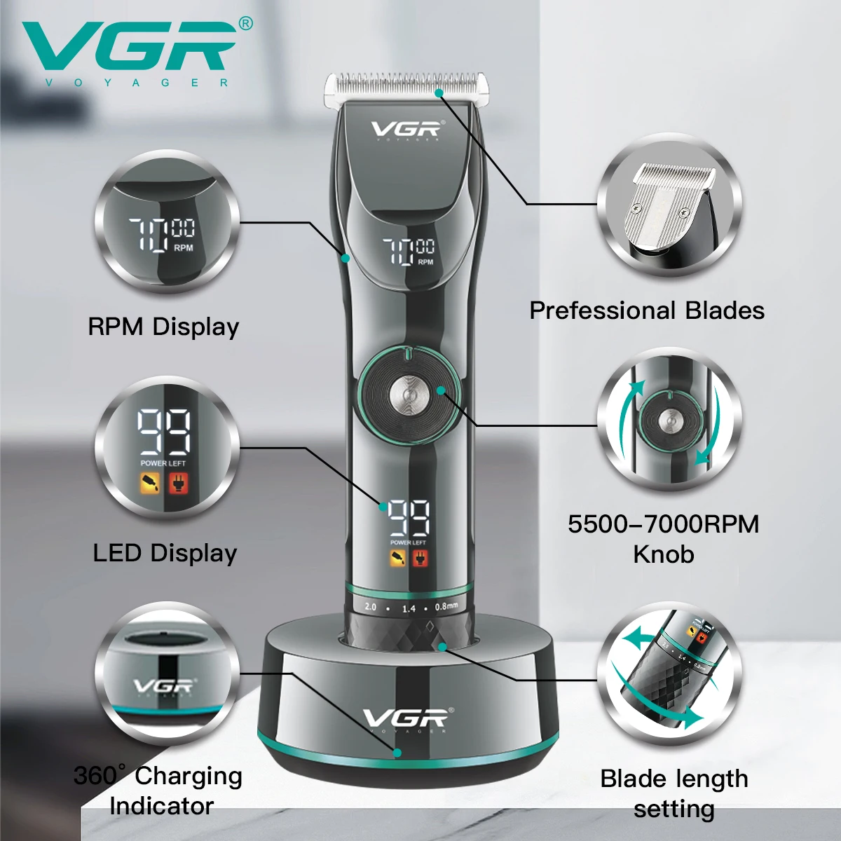 Tondeuse Professionnelle Rechargeable VGR V-256 – Lame Inox, 400min d'Autonomie, Charge USB
