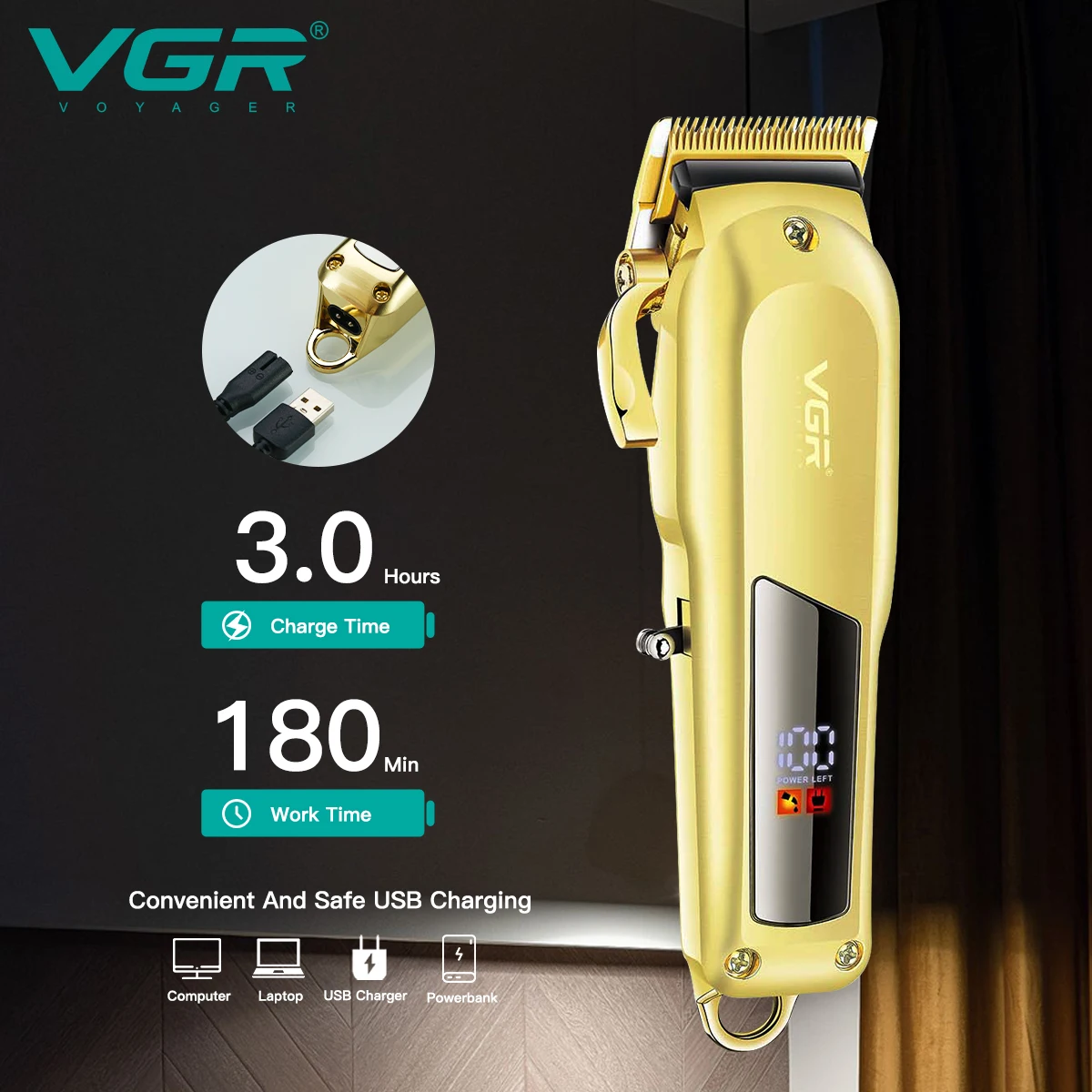 Tondeuse Sans Fil Professionnelle VGR V-278 – Coupe & Barbe, Batterie 2000mAh, 180min d'Autonomie