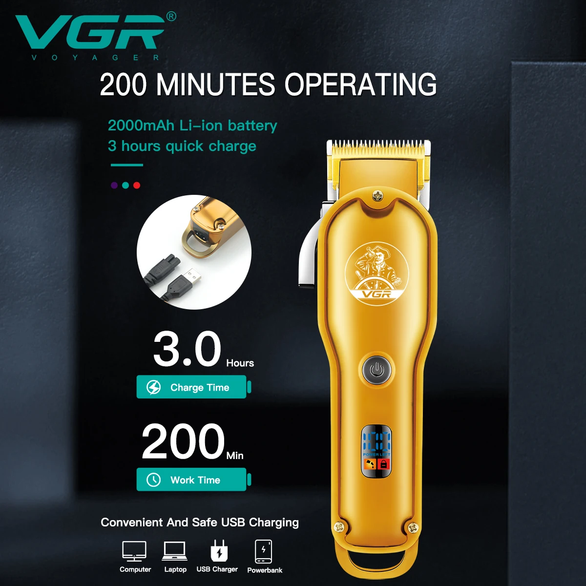 Tondeuse VGR V-650 Sans Fil Rechargeable – Professionnelle 200min d'Autonomie