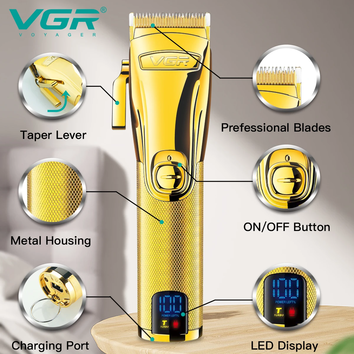 VGR V-662 Tondeuse Professionnelle Sans Fil Hommes – Affichage LED, 300 min d'autonomie