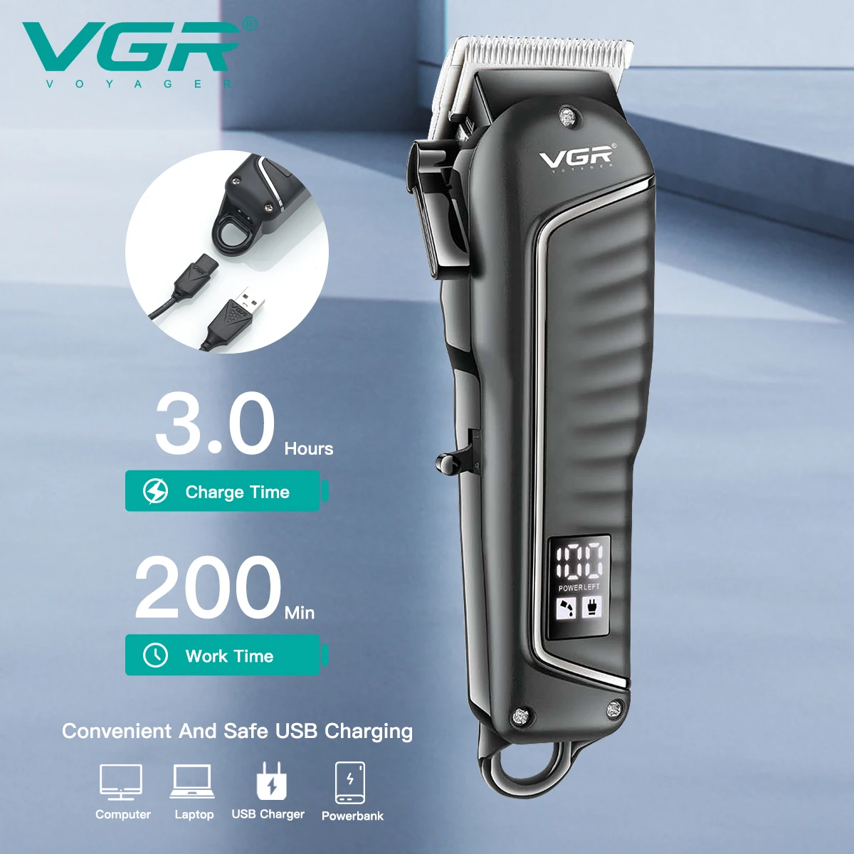 Tondeuse Professionnelle Rechargeable VGR V-683 – Sans Fil, Lame Inox, 200 min d'Autonomie