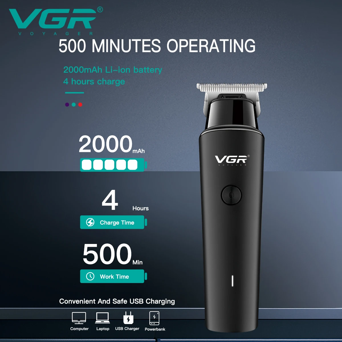 VGR V-933 Tondeuse Professionnelle Rechargeable USB – Lame Acier Inox | 90min d'autonomie