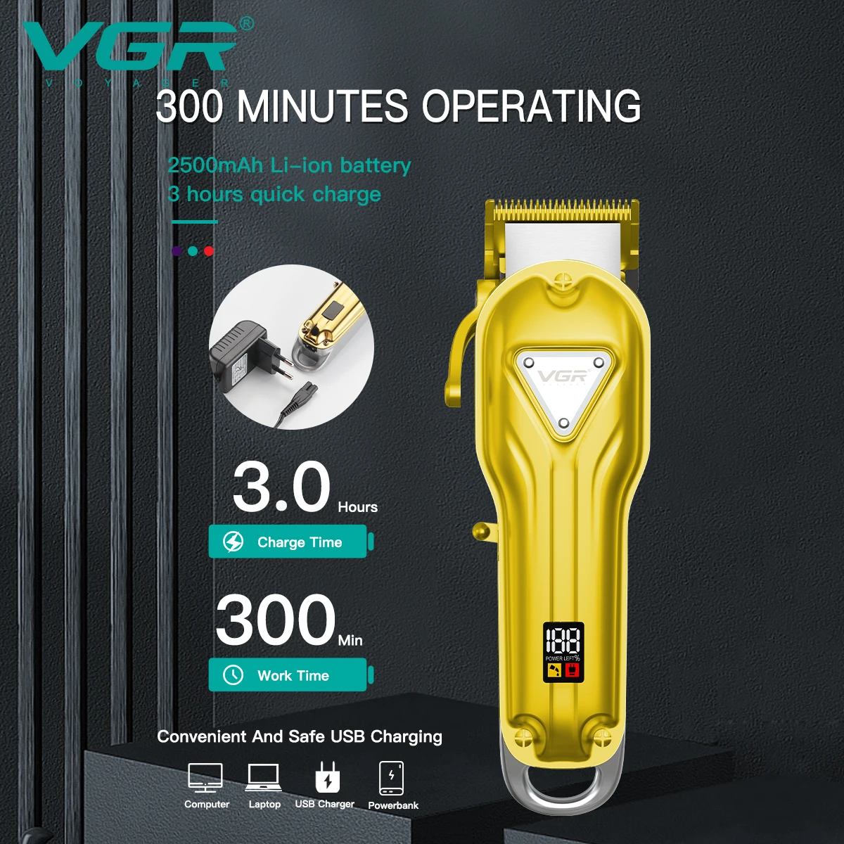 Tondeuse à Cheveux Professionnelle Sans Fil VGR V-134 – Corps Métal, Batterie 2500mAh, 300min d'Autonomie