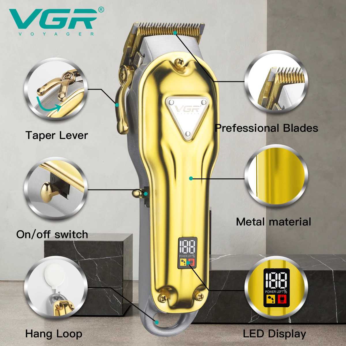 Tondeuse à Cheveux Professionnelle Sans Fil VGR V-134 – Corps Métal, Batterie 2500mAh, 300min d'Autonomie
