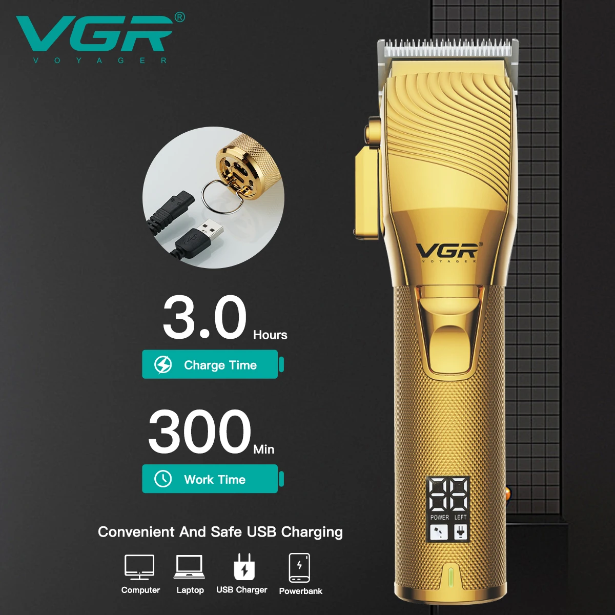 VGR V-280 Tondeuse Professionnelle Rechargeable USB – Lame Inox, 300 min d'Autonomie
