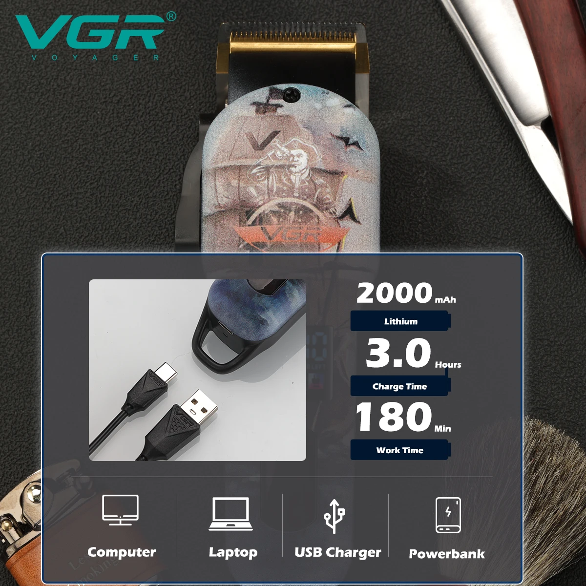 VGR V-689 Tondeuse Professionnelle Sans Fil Rechargeable pour Hommes – 180 min d'autonomie