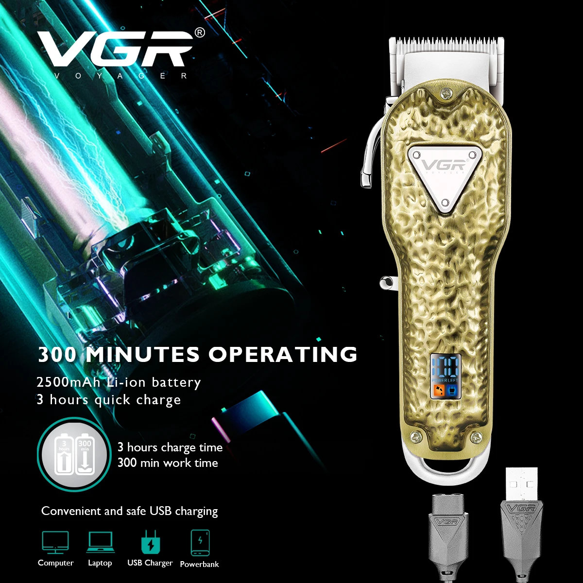 VGR V-143 Tondeuse Professionnelle Tout Métal Sans Fil Rechargeable USB – 300 min d'autonomie