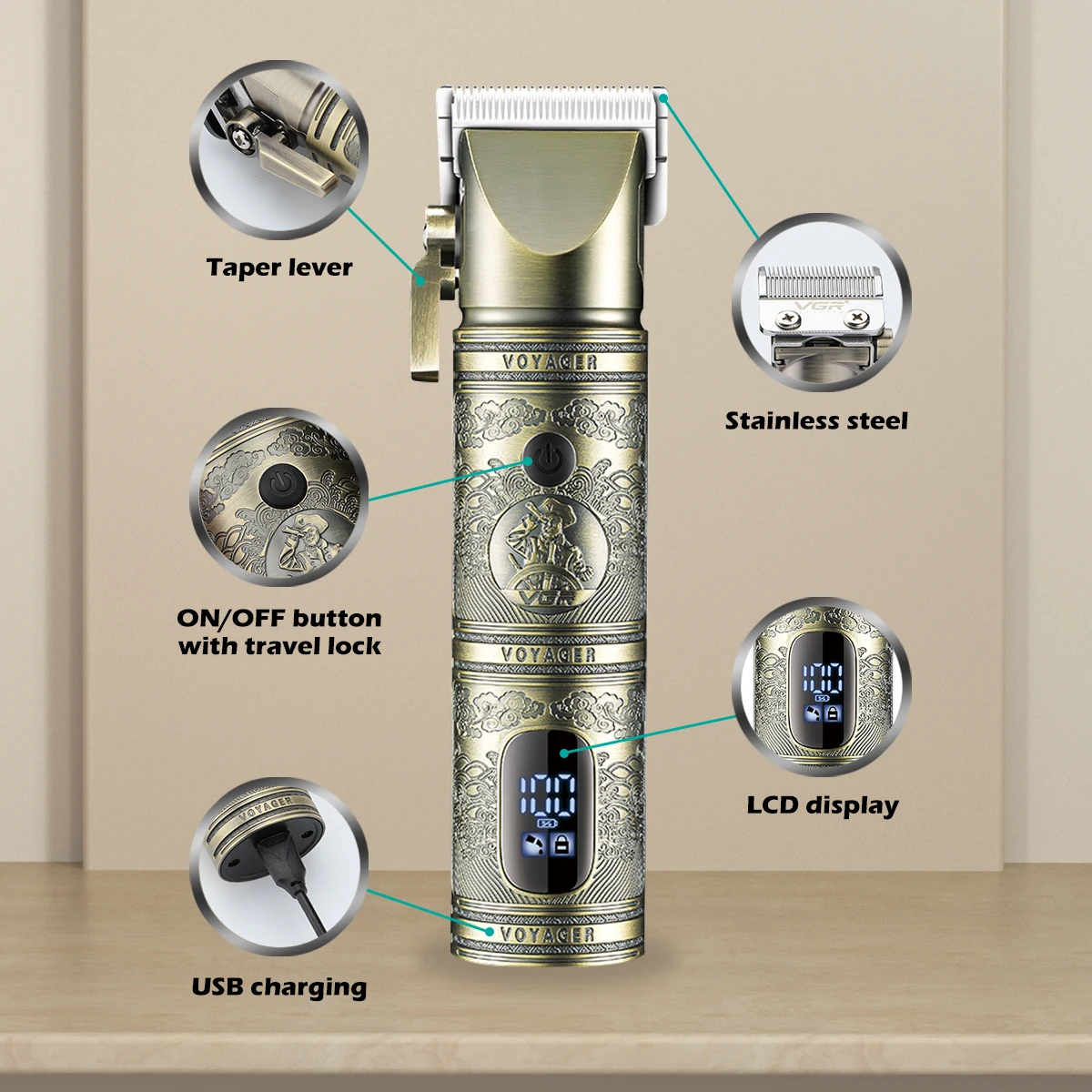 Tondeuse VGR V-697 Professionnelle Sans Fil – Lame Acier Inox, Batterie 2000mAh, Couleur Or