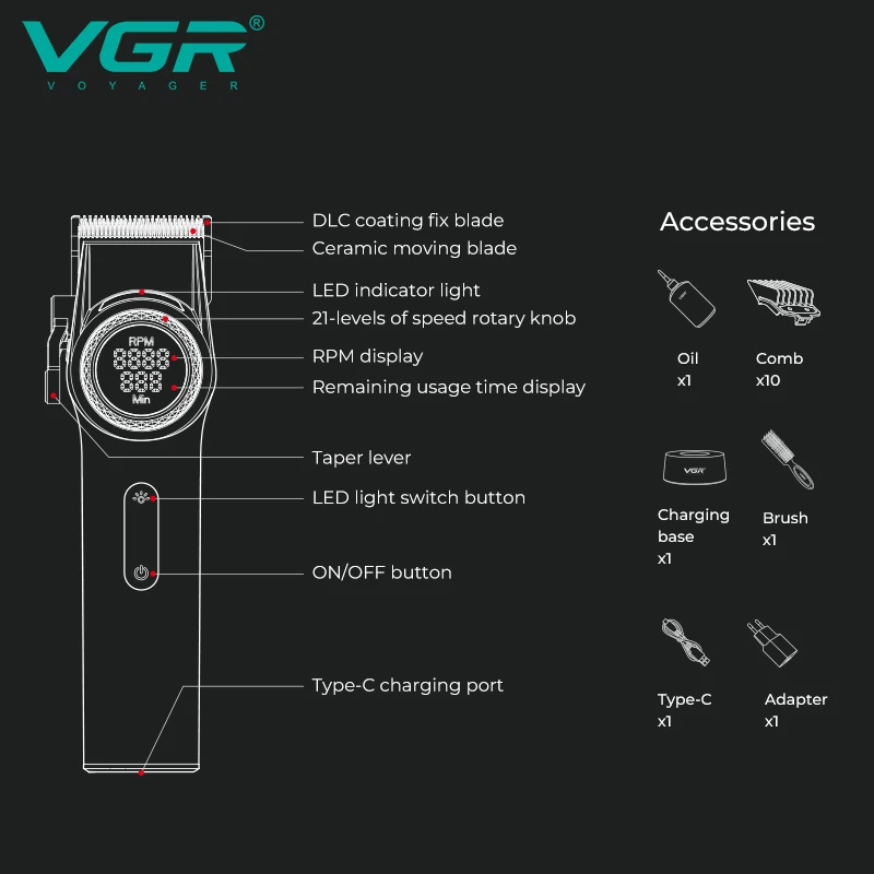 VGR V-001 Tondeuse Professionnelle Lame DLC Rechargeable USB 4200mAh – Homme Salon