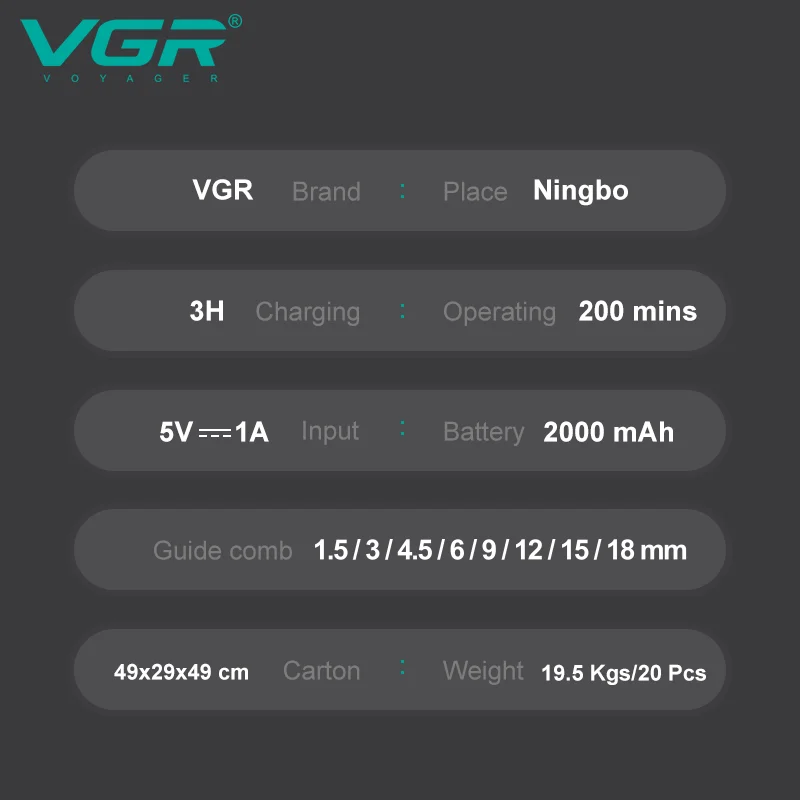 Tondeuse Professionnelle Rechargeable VGR V-651 – Métal, 200min d'autonomie, Charge USB