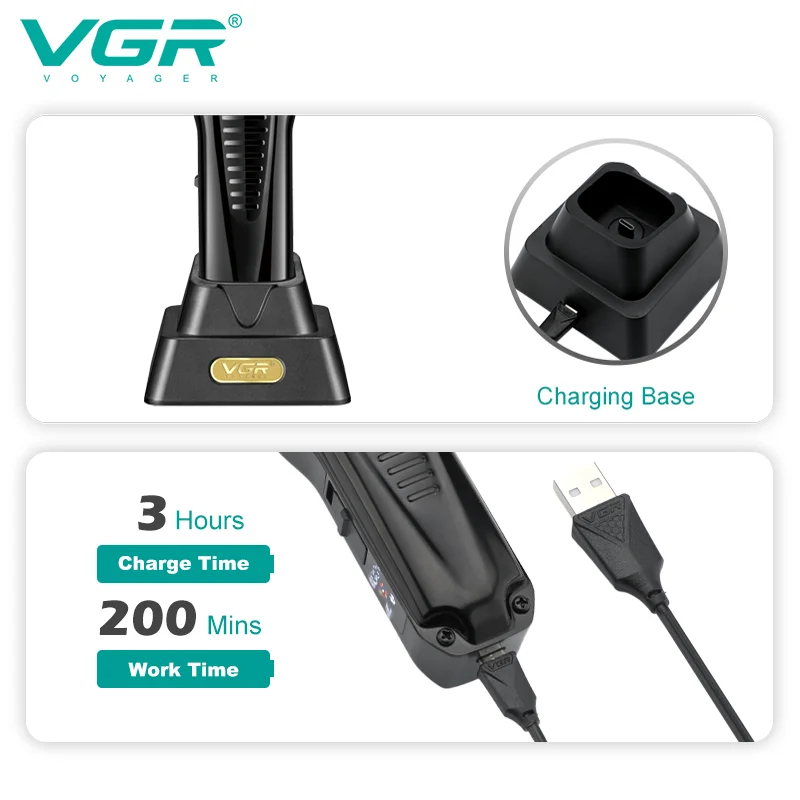 Tondeuse Professionnelle Rechargeable VGR V-651 – Métal, 200min d'autonomie, Charge USB