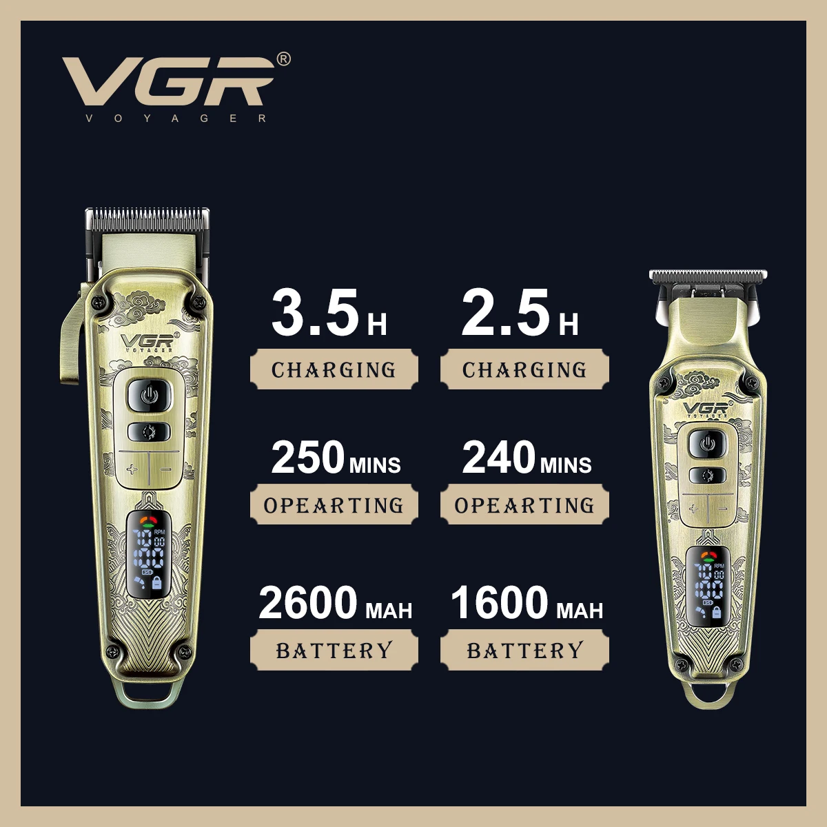 Tondeuse Professionnelle Rechargeable VGR V-643 – Lame Céramique, 250min d'Autonomie