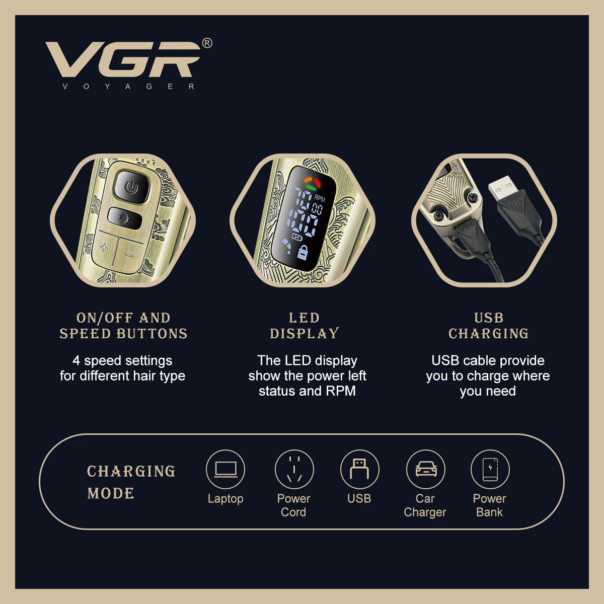 Tondeuse Professionnelle Rechargeable VGR V-643 – Lame Céramique, 250min d'Autonomie